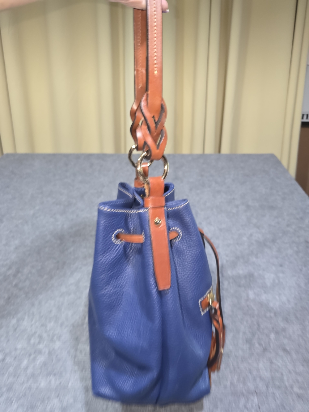 Dooney & Bourke Dillen II Navy Blue Pebbled Leather Drawstring Bucket Bag - Picture 8 of 14